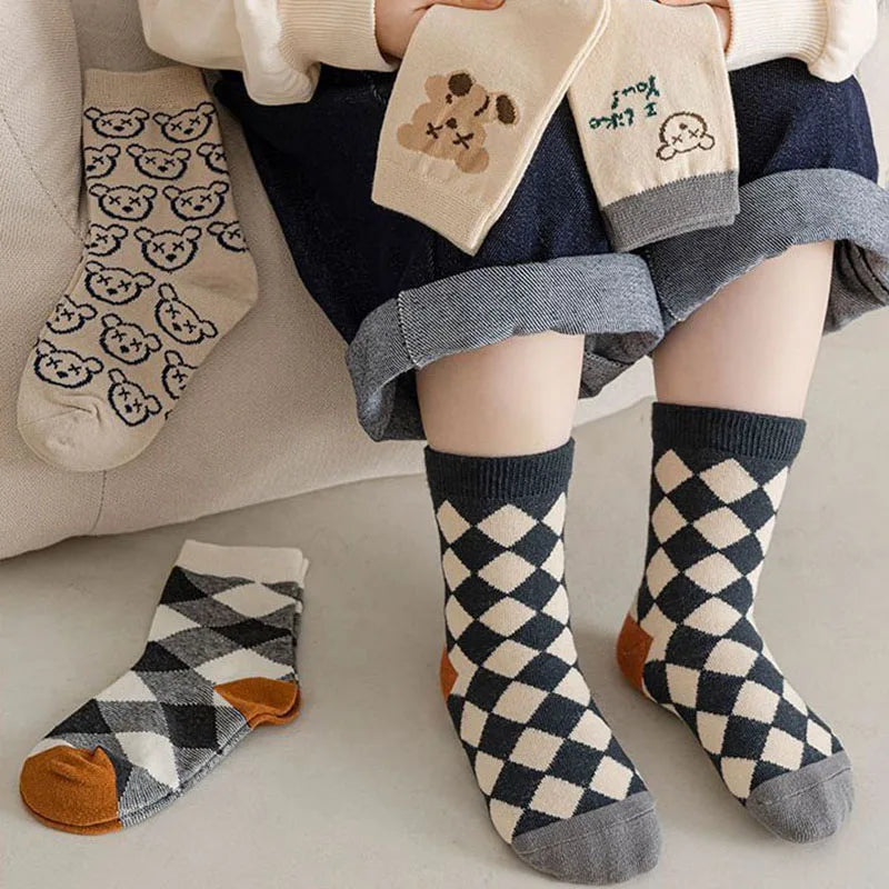 5Pairs/Set Cute Bear Print Baby Socks Soft Cotton Toddler Calf Sock Korean Autumn Winter Cartoon Kids Boy Girl Mid Tube Socks