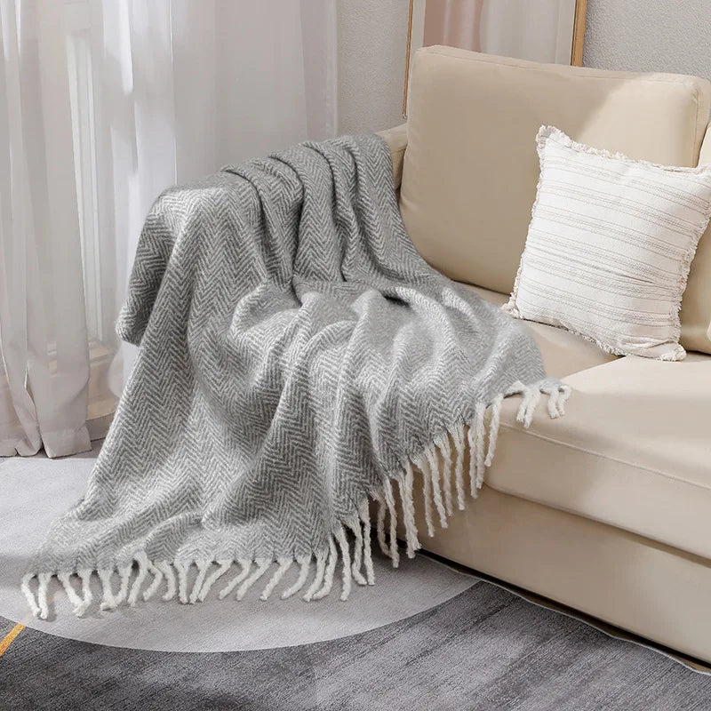 European and American Style Solid Sofa Blanket Napping Air Conditioning Blanket Towel with Tassels Super Soft Cozy Shawl Cushion
