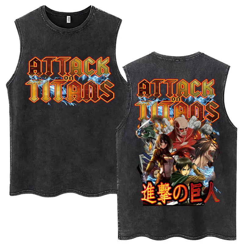 Washed Anime Attack on Titan Vintage Tank Tops Eren Yeager Shingeki No Kyojin Sleeveless T Shirt Men's Cotton Loose Y2k T Shirts