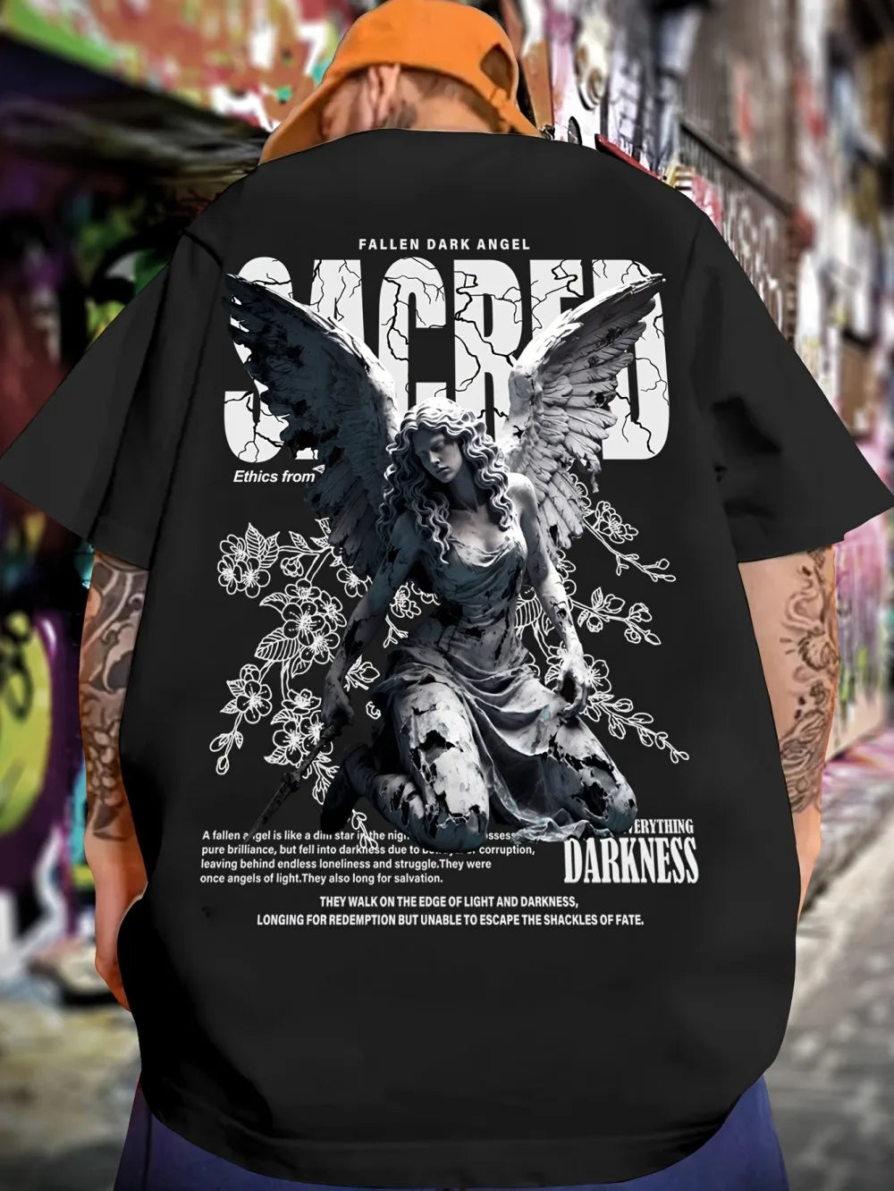 Summer fashion men's personalized angel letter print micro elastic breathable round neck T-shirt outdoor street versatile top