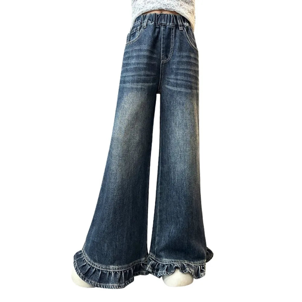 Wide Leg Pants Teen Girl Jeans Straight Long Loose Children Ruffled Jeans High Waist Streetwear Girls Denim Trousers Girls Gift