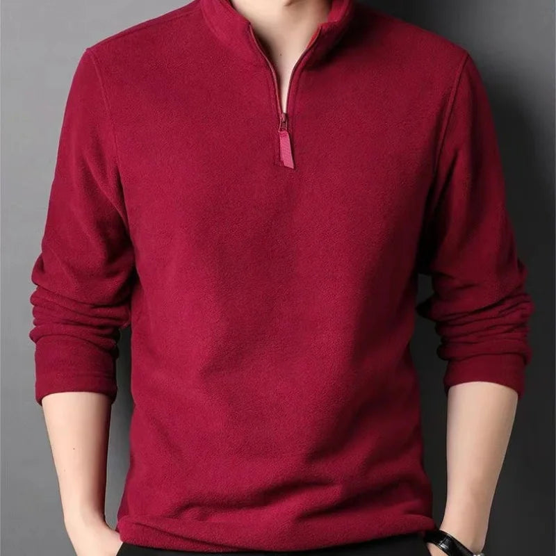 2025 Autumn Winter Men New Warm Polo Shirts Men's Lamb Wool Sweatshirt Standing Neck Half Zip Long Sleeve  Fashion Tees Tops