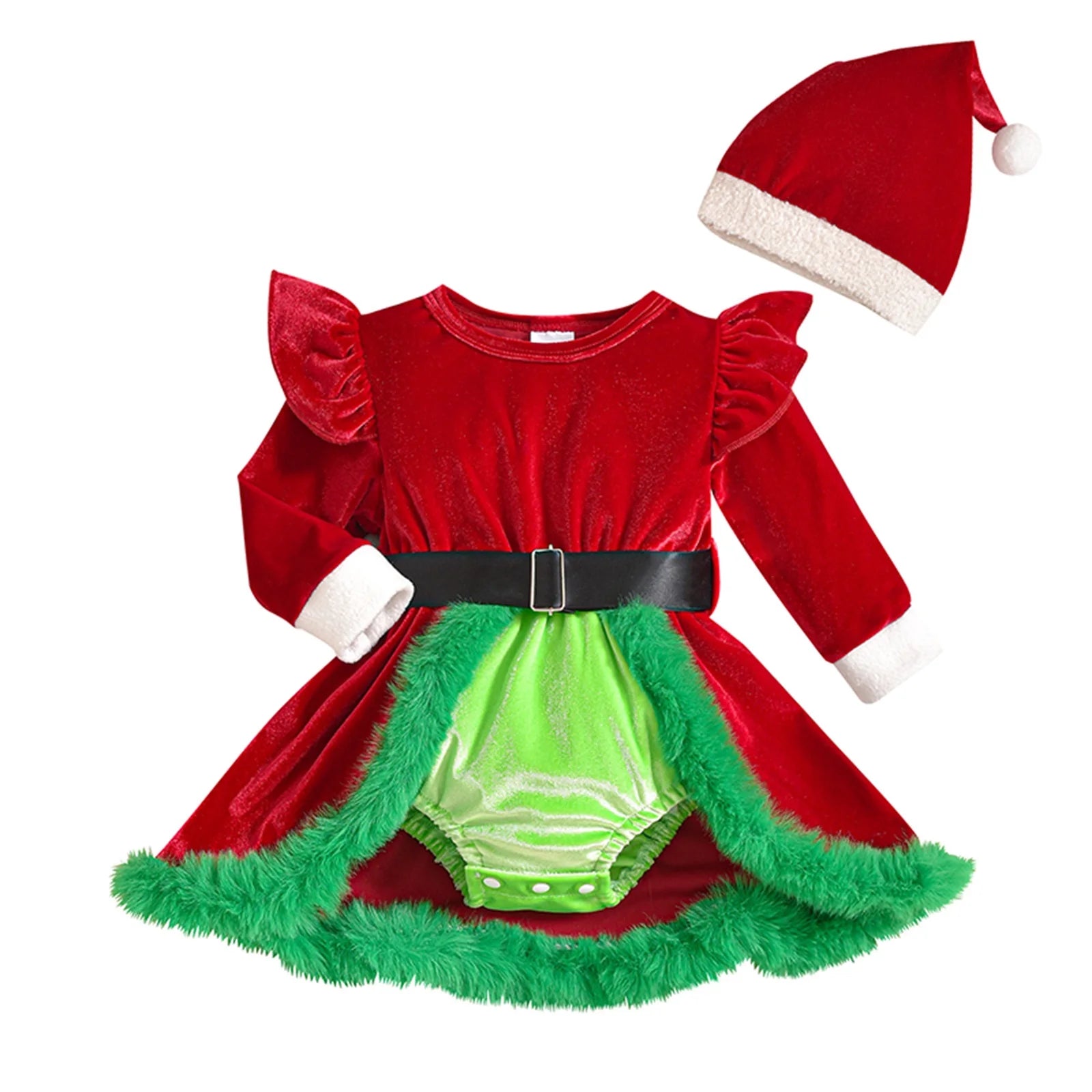 0-18 Months Baby Girls Christmas Velvet Romper Dress Terry Trim Long Sleeve Jumpsuit Santa Hat Adorable Fall Outfits