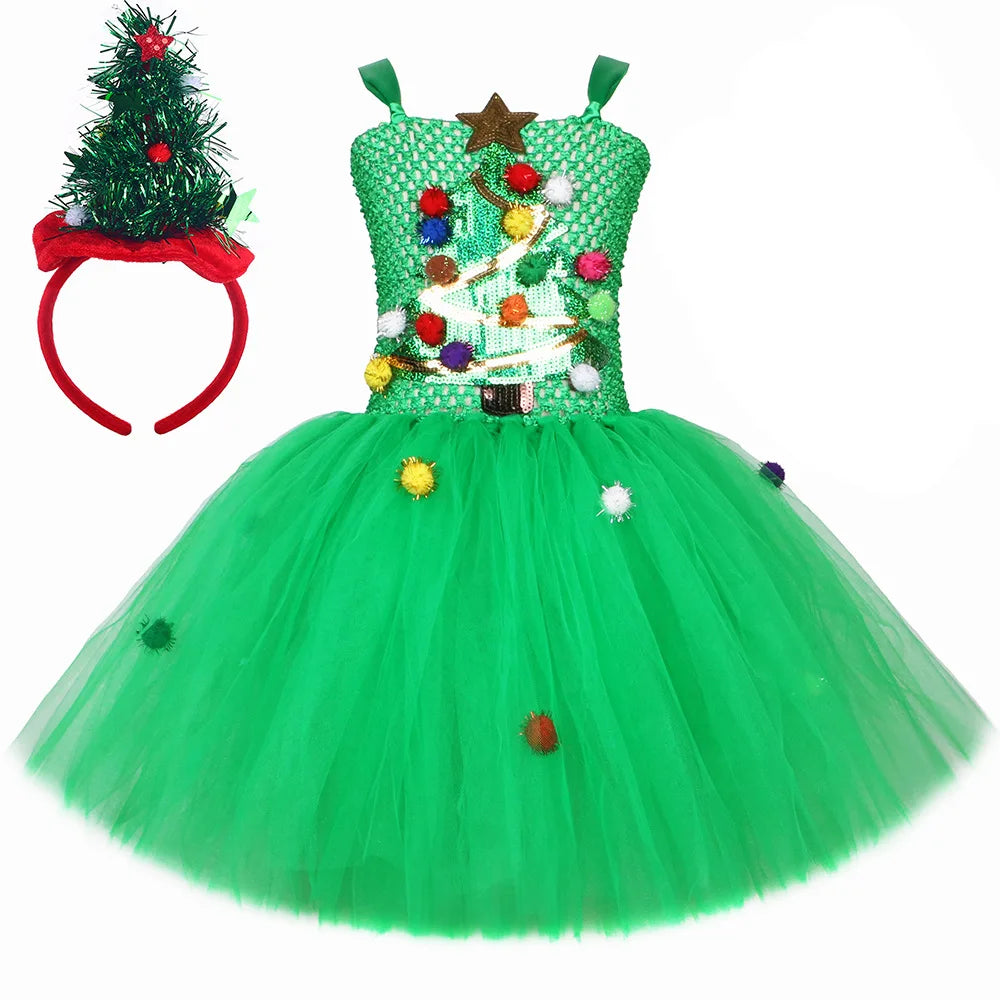Sparkly Green Christmas Tree Costumes for Girls Flowers Xmas Party Tutu Dress Kids New Year Twinkle Outfit Child Holiday Clothes