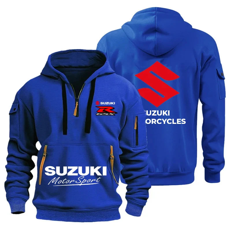 New Suzuki men's hooded sweatshirt for autumn and winter outdoor motorcycle sweatshirt, semi-zipper hooded sweatshirt