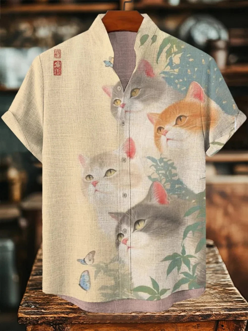 Men's Fashionable Black Cat Retro Print Shirt Short Sleeved Stand up Collar Cardigan Summer Casual Breathable Men's Clothing