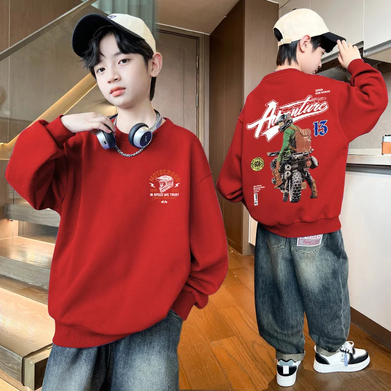 2025 Kids Clothes Boys Streetwear Motorcycle Print Hoodies Sweatshirt Boys Clothing 10 To 14 Years Long Sleeves Children Top