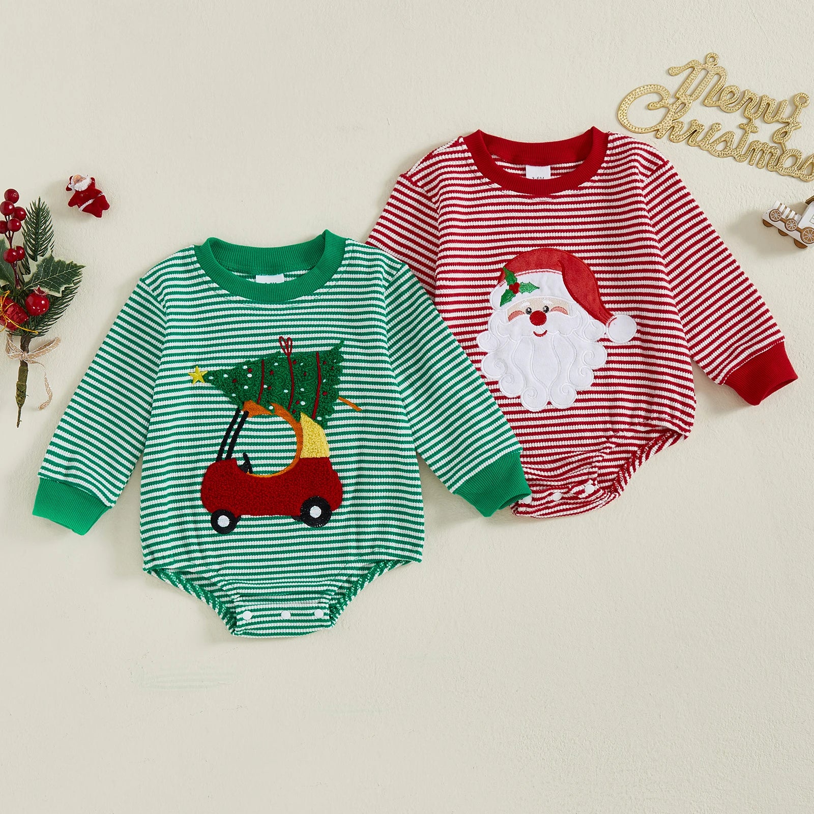 0-18M Infant Baby Striped Romper Santa Claus /Christmas Tree Embroidery Round Neck Long Sleeve Jumpsuit for Newborn Boy Girl