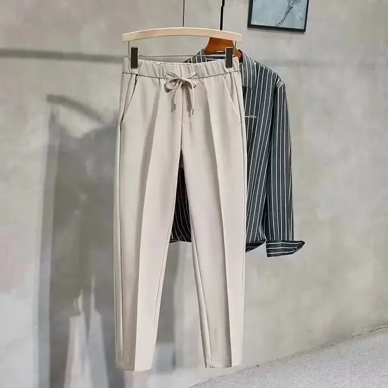 Spring Men's 9-point Casual Pants Stylish Lightweight Elastic Waist Draped Anti-wrinkle British Style Men's Trousers Foot Pants