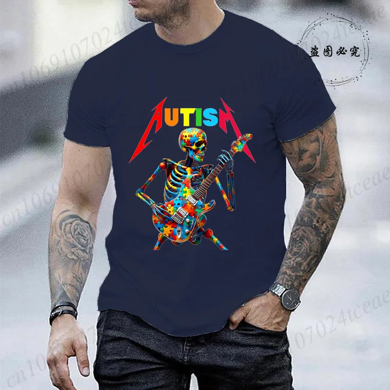 Autism Skeleton Guitar Player Rock Music Autism Awareness Shirt Fashion T-shirt for Men Tops Summer Casual Men's Tshirt Clothing