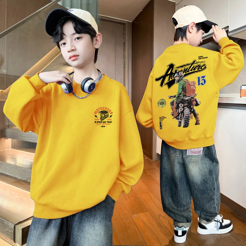 2025 Kids Clothes Boys Streetwear Motorcycle Print Hoodies Sweatshirt Boys Clothing 10 To 14 Years Long Sleeves Children Top