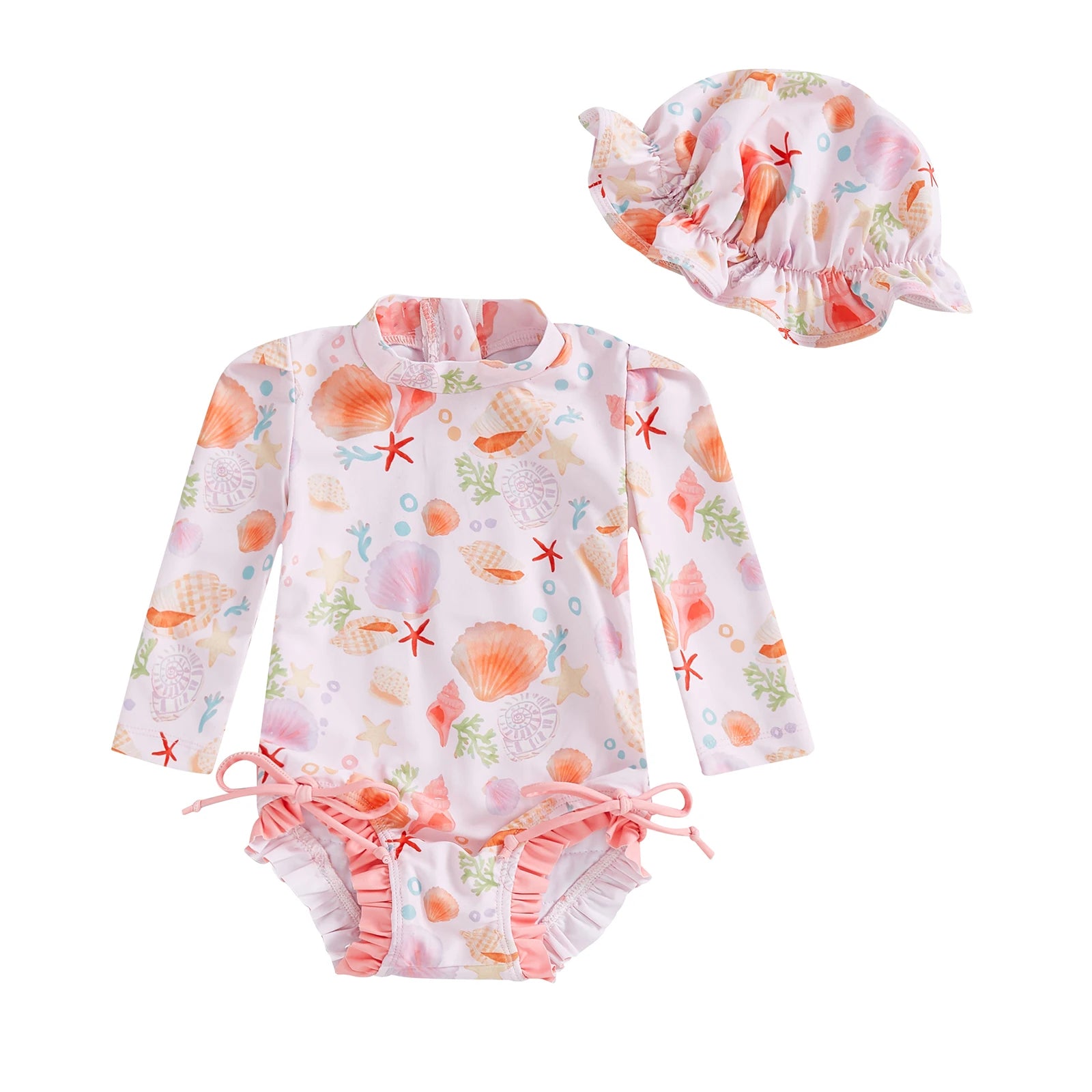 Newborn Baby Girl Swimsuit Summer Adorable Floral/Shell Print Long Sleeve Mock Neck Bathing Suit with Hat Rash Guard Swimwears