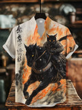 Men's Fashionable Black Cat Retro Print Shirt Short Sleeved Stand up Collar Cardigan Summer Casual Breathable Men's Clothing