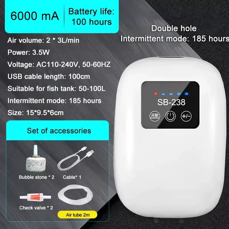 SB238 Aquarium Fish Tank Oxygen Air Pump Compressor Charging Silent USB With Battery Portable Fishing Oxygenator 6000mA Outdoor