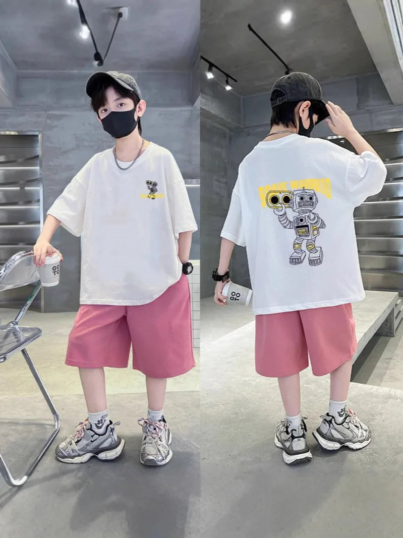 2025 summer Teens Boys Clothes set Outfit Kid robot fashion Tracksuit Child t-shirt top + solid shorts pant 4 7 8 10 12 14 Year