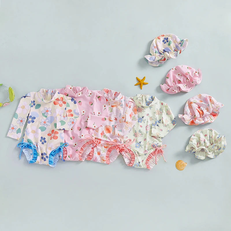 Newborn Baby Girl Swimsuit Summer Adorable Floral/Shell Print Long Sleeve Mock Neck Bathing Suit with Hat Rash Guard Swimwears