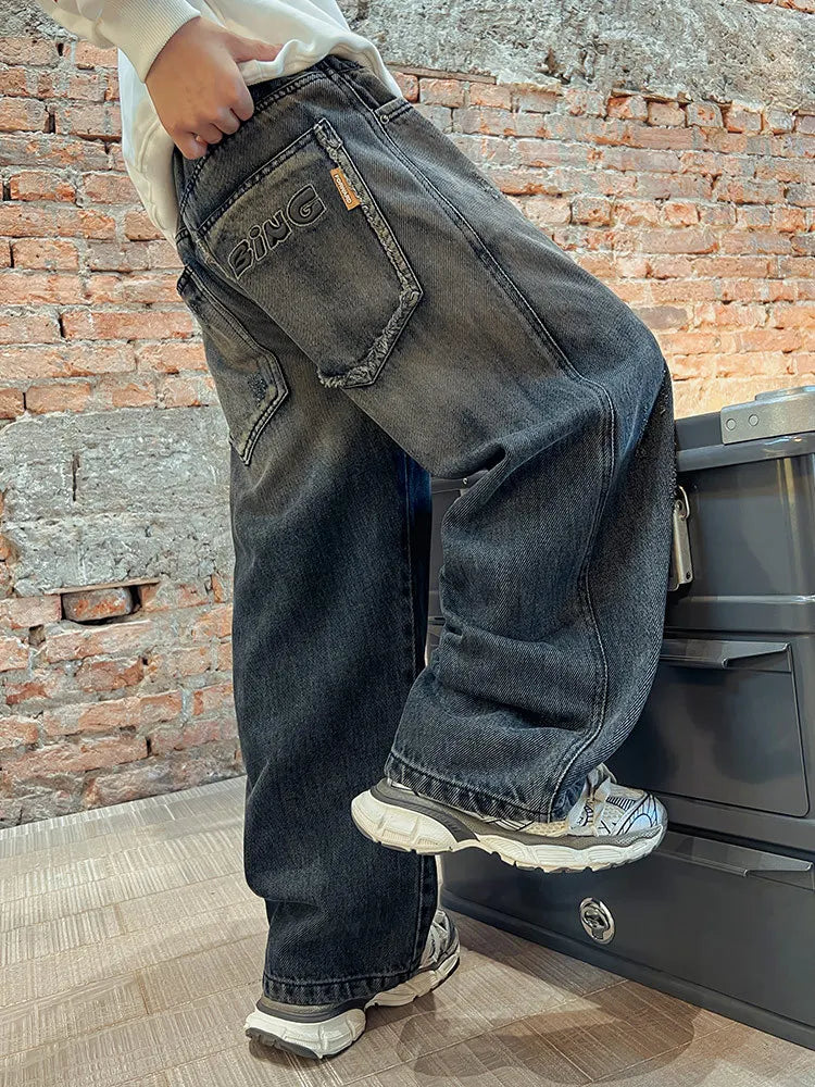 New Teenagers Boys Jeans Children Wide Leg Denim Pants for Kids Loose Pockets Trousers Spring Autumn 4 6 8 10 11 12 13 14 Years