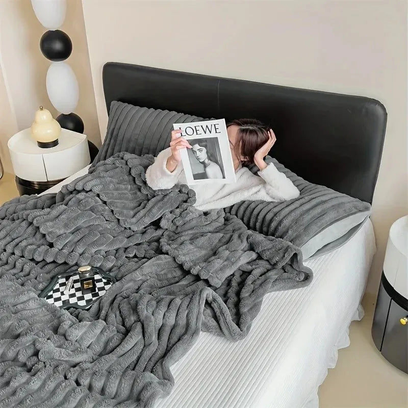 Solid color thickened wide striped multifunctional blanket, can be used as bed sheet cover blanket, nap blanket, pet blanket