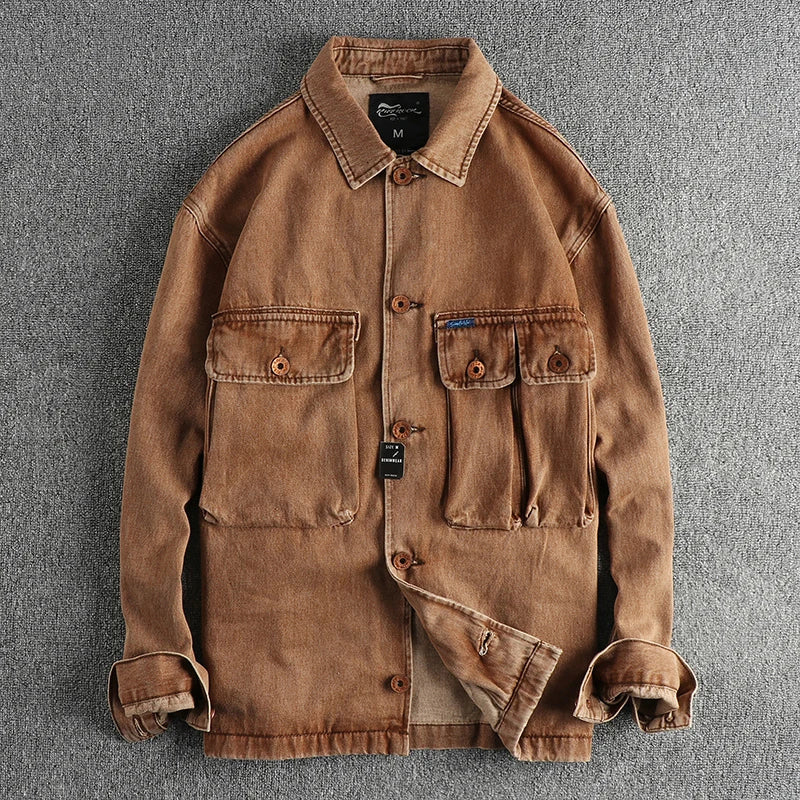 Heavy do old washed coffee color denim jacket men retro trend three-dimensional pocket youth cardigan coat