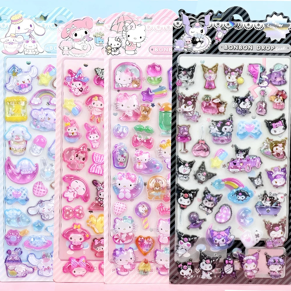 Kawaii 3D Sanrio Relief Stickers Cinnamoroll Kuromi My Melody Cartoon Crystal Sticker Cute Children Reward Stickers Gift
