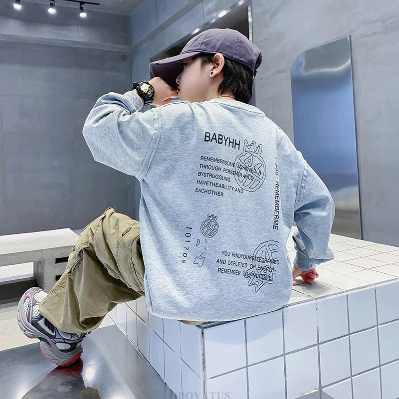 Teen Boys Letter Print Sweatshirt Spring Autumn Long Sleeve Children Loose Casual Kids Grey Color Cotton Pullover Outerwear 4-14