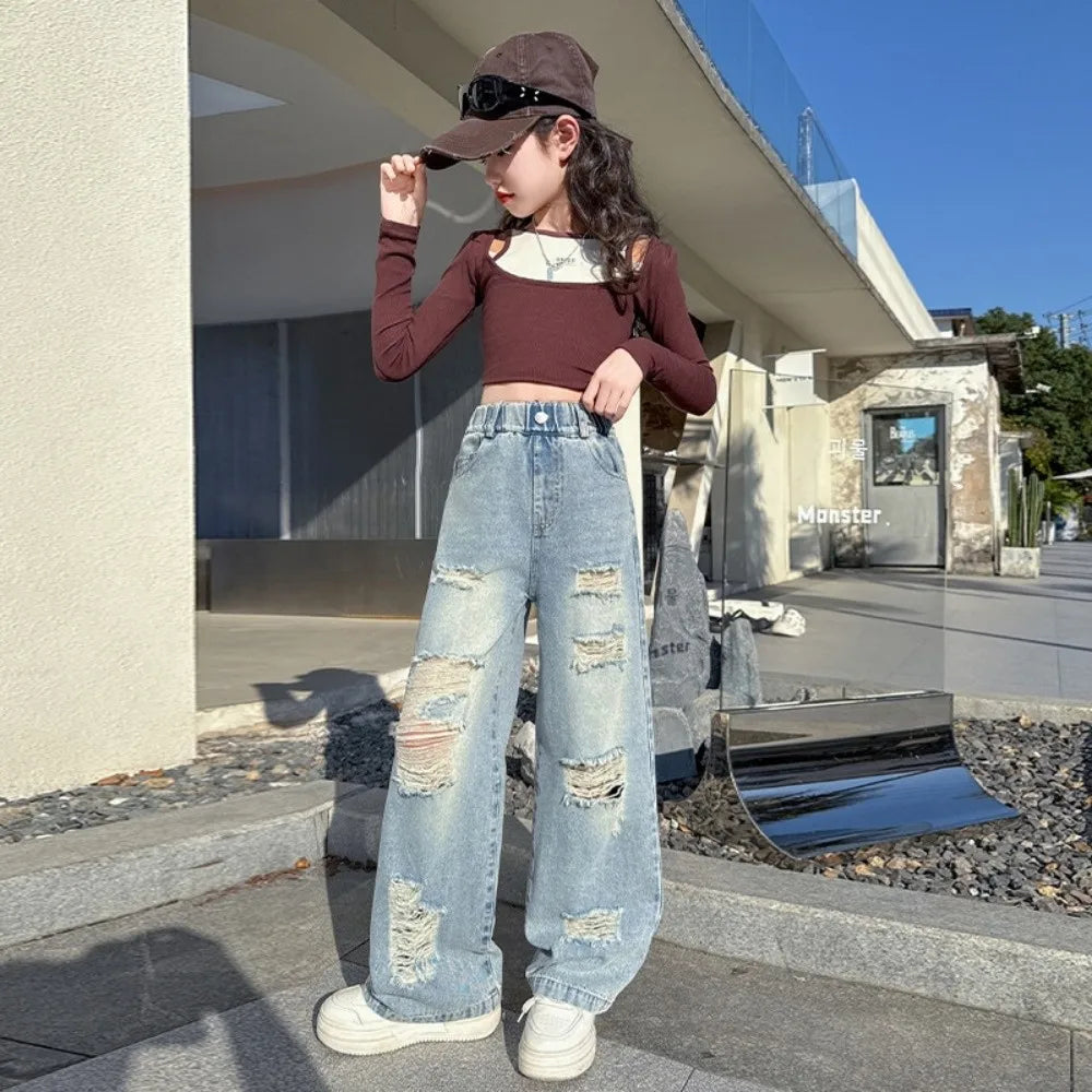 Ripped Wide Children Jeans Straight Loose Leg Blue Teen Girl Jeans High Waist Streetwear Girls Denim Trousers Girls Gift