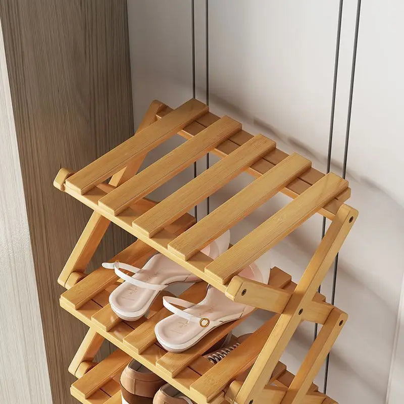 Folding Bamboo Shoe Rack, Multi-Layer Narrow Space Saving Storage Organizer No-Installation Required Shoe Shelf for Small Spaces