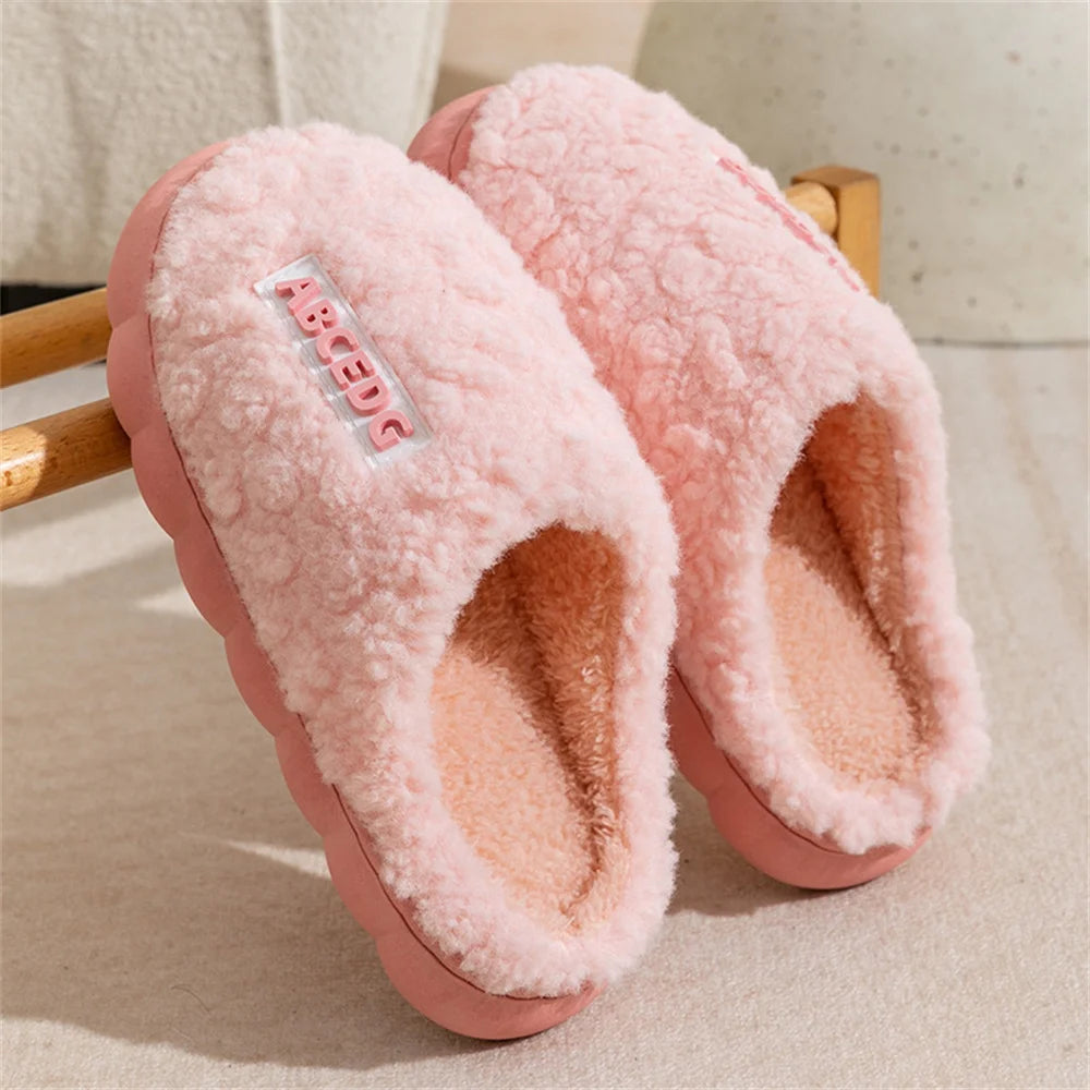 Fashion Winter Plush Couple Cotton Slippers for Women Men Cute Cartoon Anti-slip Solid Color Thick Soles Slides Indoor Home Use
