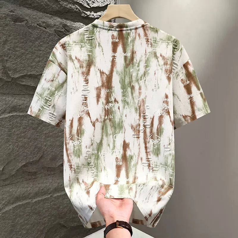 Summer Hot Men Ripped Hole T-shirt Short Sleeved New Loose Casual Round Neck T-shirt Half Sleeved Men Top Trendy