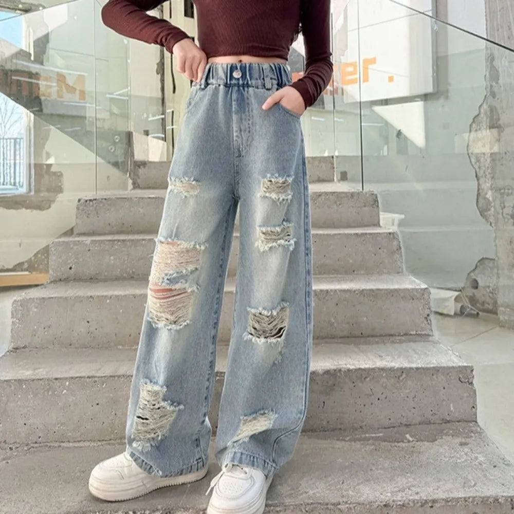 Ripped Wide Children Jeans Loose Leg Straight Blue Teen Girl Jeans High Waist Korean Style Girls Denim Trousers Spring Autumn