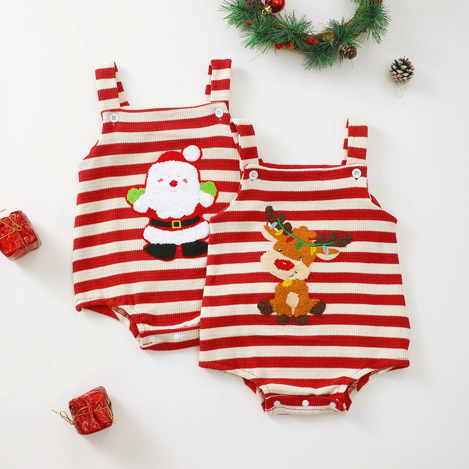 Christmas Embroidered Pattern Baby Romper with Straps Holiday Baby Bodysuit Infant Clothing Festive Baby Outfit