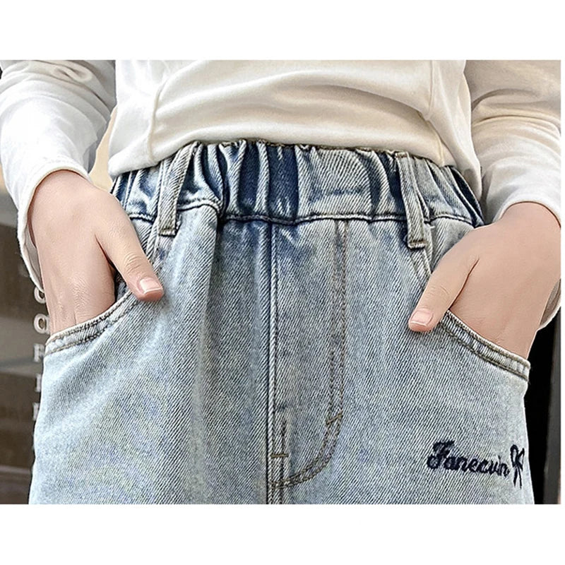 New 4-14 Years Spring Autumn Teenage Girls Jeans Full Print Bow Embroidery Fashion Wide-leg Denim Pants For Kids