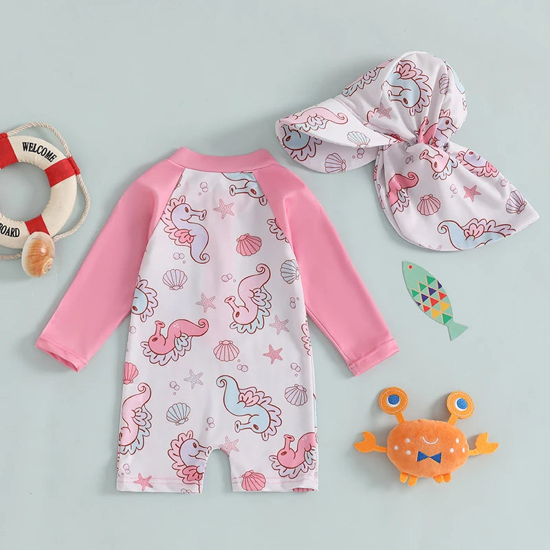 Blotona Toddler Boys Girls Rash Guard Swimsuit with Hat 2Pcs Set Seahorse Shell Pattern Zip Up Long Sleeve O-Neck Baby Swimwears