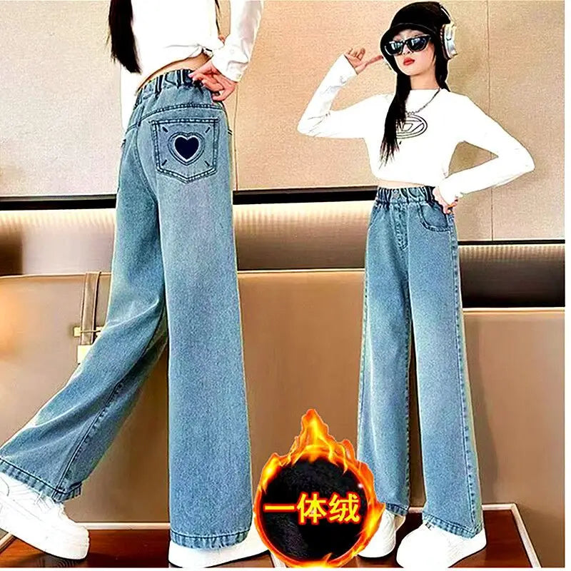 3-14 Years Teenage Pants For Girls Roupa Infantil Menina Winter Fleece Children Jeans Kids Denim Trousers Girls Clothing
