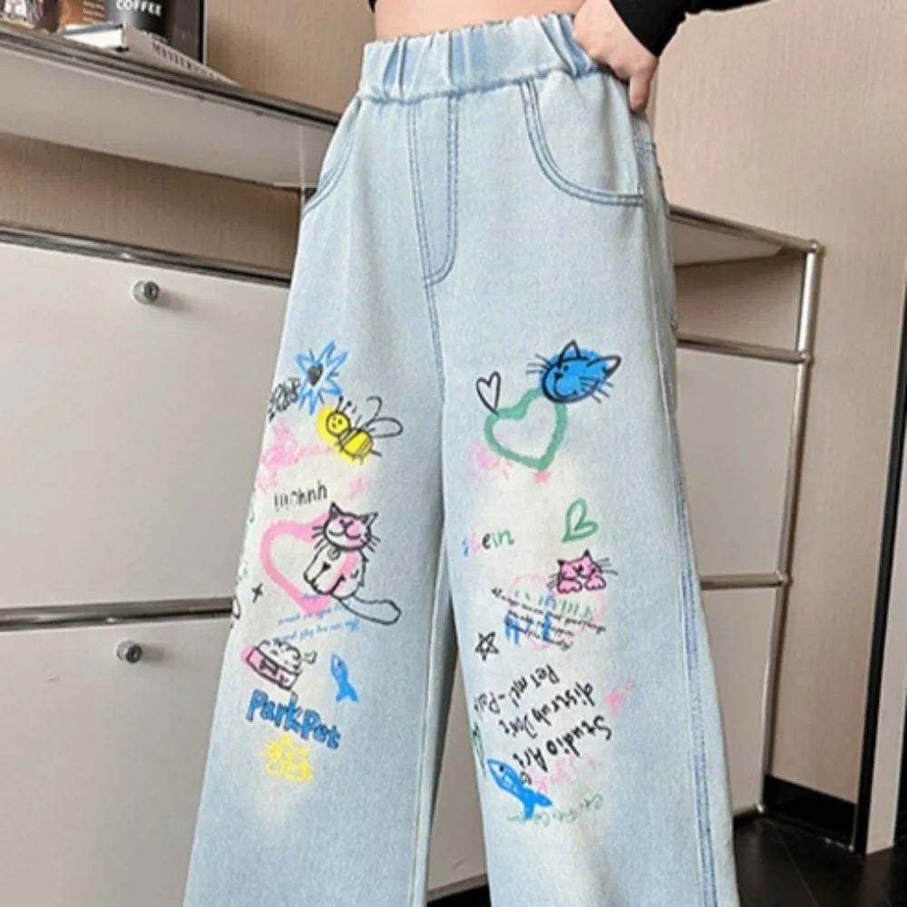Straight Teen Girl Jeans Loose Graffiti Children Cartoon Jeans High Waist Wide Leg Girls Denim Trousers Kids Children
