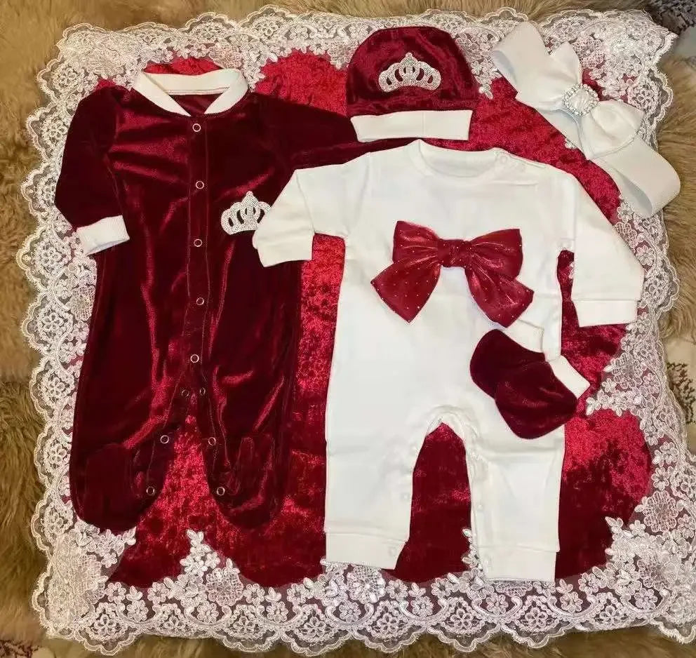 Dollbling Royal Blue Velvet Baby Romper Outfits Set Welcome Home Nursery Infant Nest Luxury Crown Receiving Blanket