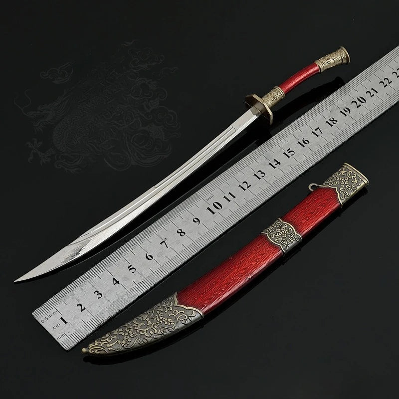 22cm/8.66in Qing Dynasty Model Metal Handicraft Ornament Red Oxtail Knife with Sheath Desktop Display Peripherals Gifts for Boys
