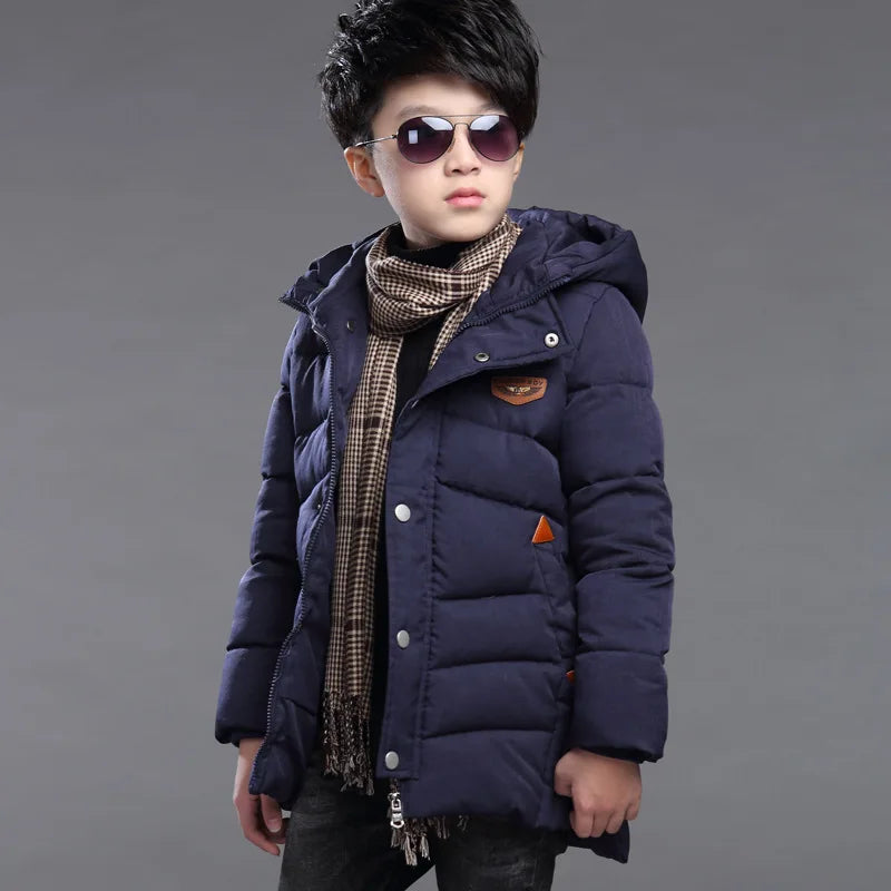 Winter New Teen Boys Jacket Long Style Solid Color Thick Keep Warm Hooded Outwear For 5-14 Years Kids Down Cotton Windbreaker