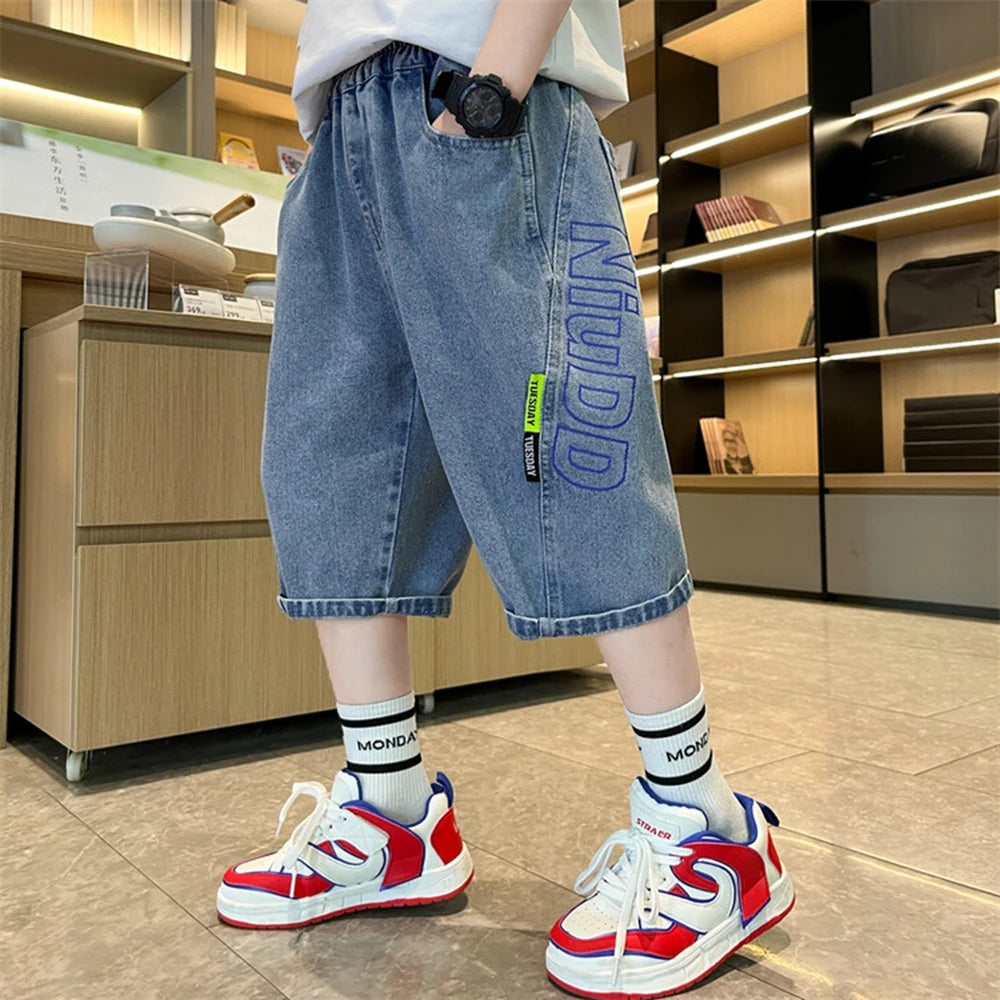 Teen Boys Shorts New Casual Alphabet Cotton Thin Denim Ffabric Children Short Jeans Clothing for Boy 4 6 8 10 12 14 16 Years