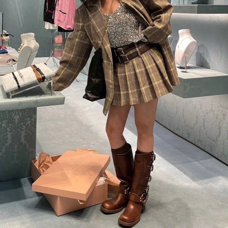 Four Seasons Belt Buckle Retro High Boots Fashion Boots Women's Boots Long Boot Chunky Heel Height Increasing Shoes botas mujer