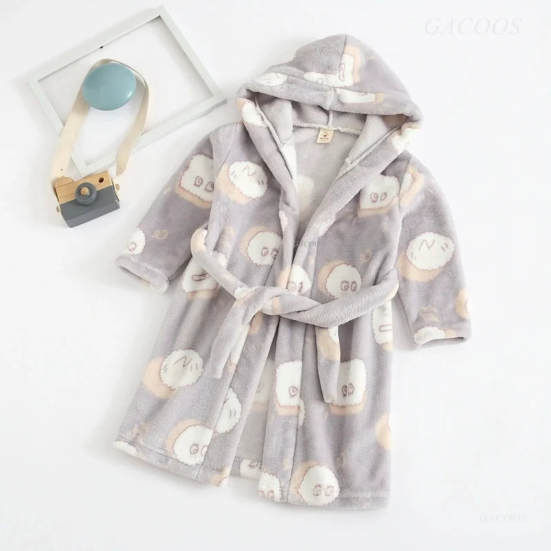 2025 Kids Hooded Flannel Bathrobe Baby Bath Bear Printed Robes Boys Girls Cute Cartoon Soft Warm Pajamas Long Sleeve Towel Robe
