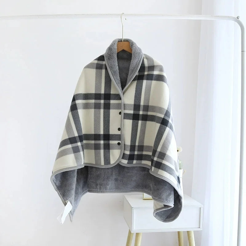 Fleece Wearable Blanket, Plaid Lap Blanket Comfy Poncho Throw with Buttons for Bed Sofa Office