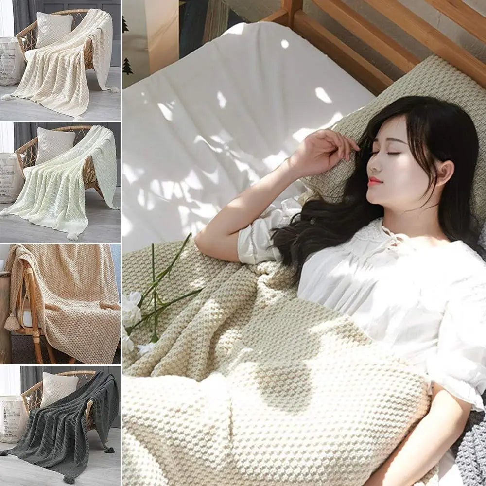 Warm Solid Color Knitted Blanket Soft Breathable Fringe Blanket Nordic Bedspread