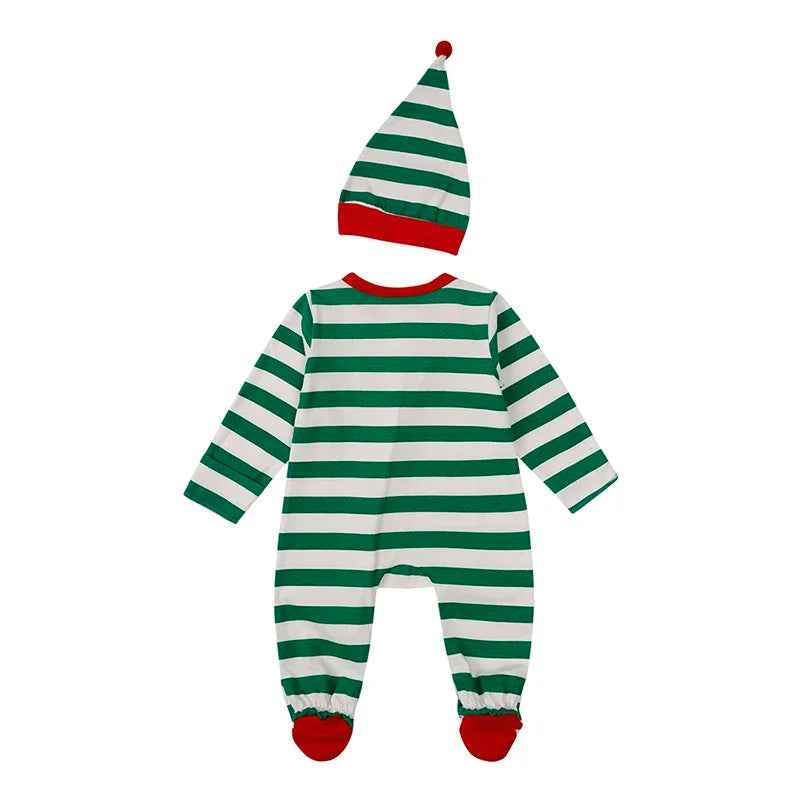 2PCS Christmas Costume Newborn Baby Boy Girl Clothes Striped Romper＋Hat Long Sleeve Cotton Bodysuit Jumpsuits Infant Clothing