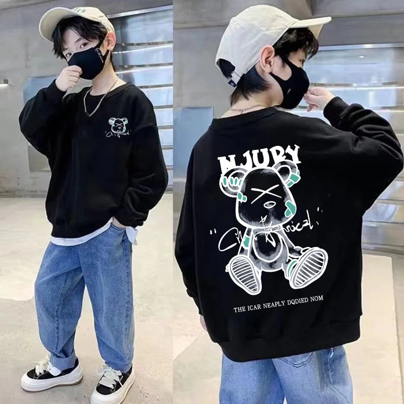2025 Kids Clothes Boys Cartoon Bear Sweatshirts Loose Sports Round Neck Tops Autumn Clothing T Letter Printed Long-sleeve Hoodie