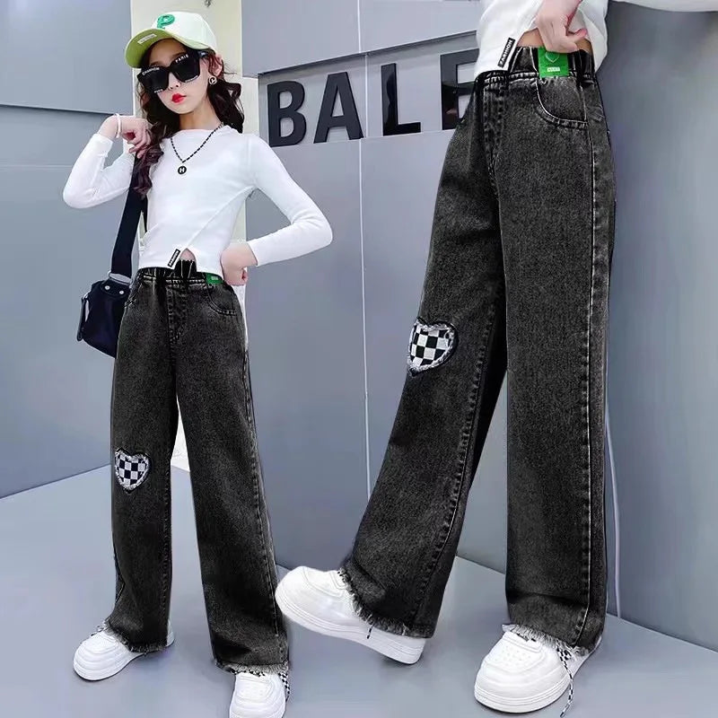 Girls Jeans spring autumn Casual Loose Side Gradient Color Young Children hole Wide Leg Pants3-12Years Teen School Kids Trousers