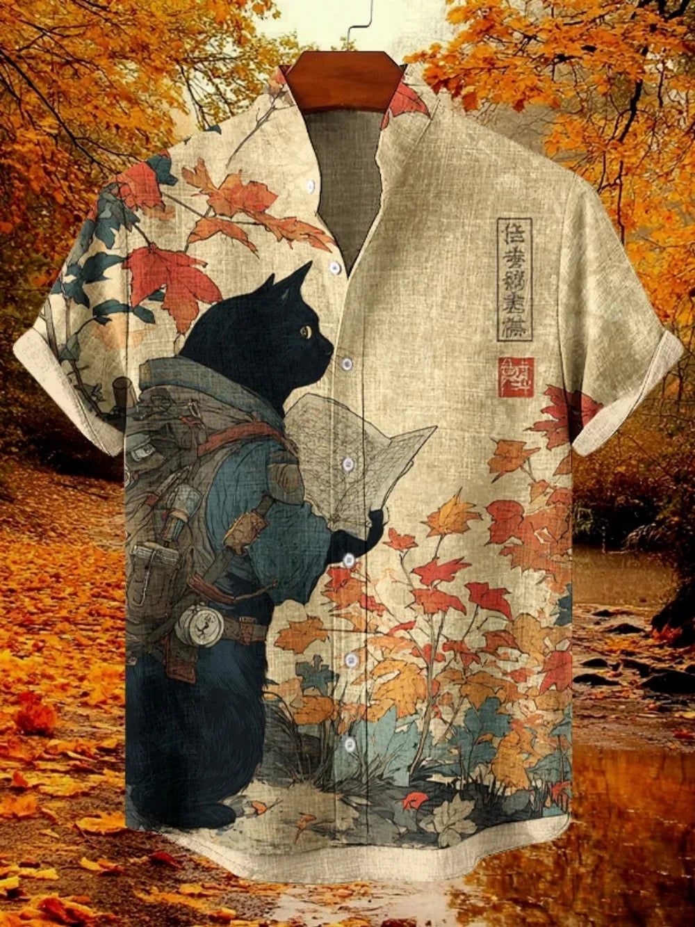 Men's Fashionable Black Cat Retro Print Shirt Short Sleeved Stand up Collar Cardigan Summer Casual Breathable Men's Clothing