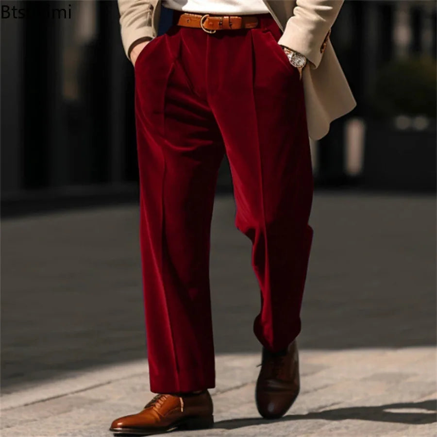 2025 Spring Autumn Men's Solid Color Velvet Suit Pants Business Casual Straight Leg Trousers Male Streetwear Fashion Dress Pants