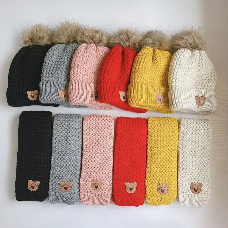 Children's Hat Scarf Set Winter Warm Autumn Winter Plush Boys and Girls' Little Bear Thick Ear Protection Baby Hairline Hat