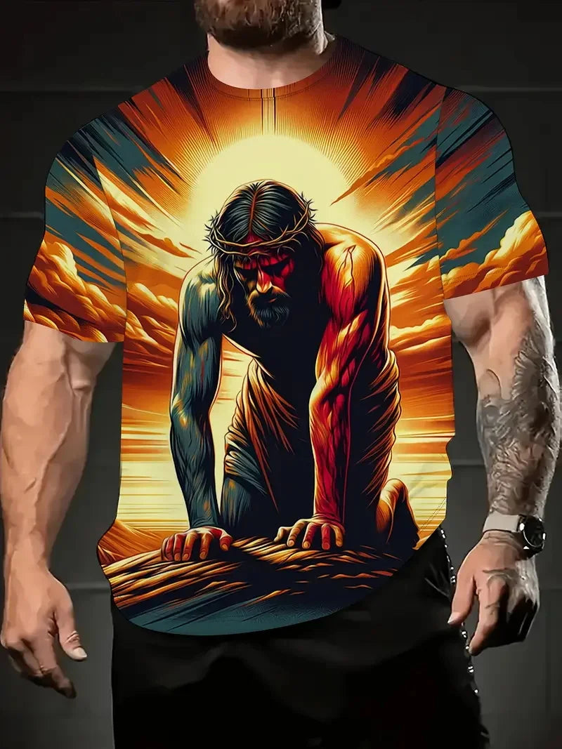 Men's 3D Jesus Print T-Shirt Short Sleeve Casual Crew Neck Praying Hands Design Tshirt For Men New In Oversized Tee Shirt Tops